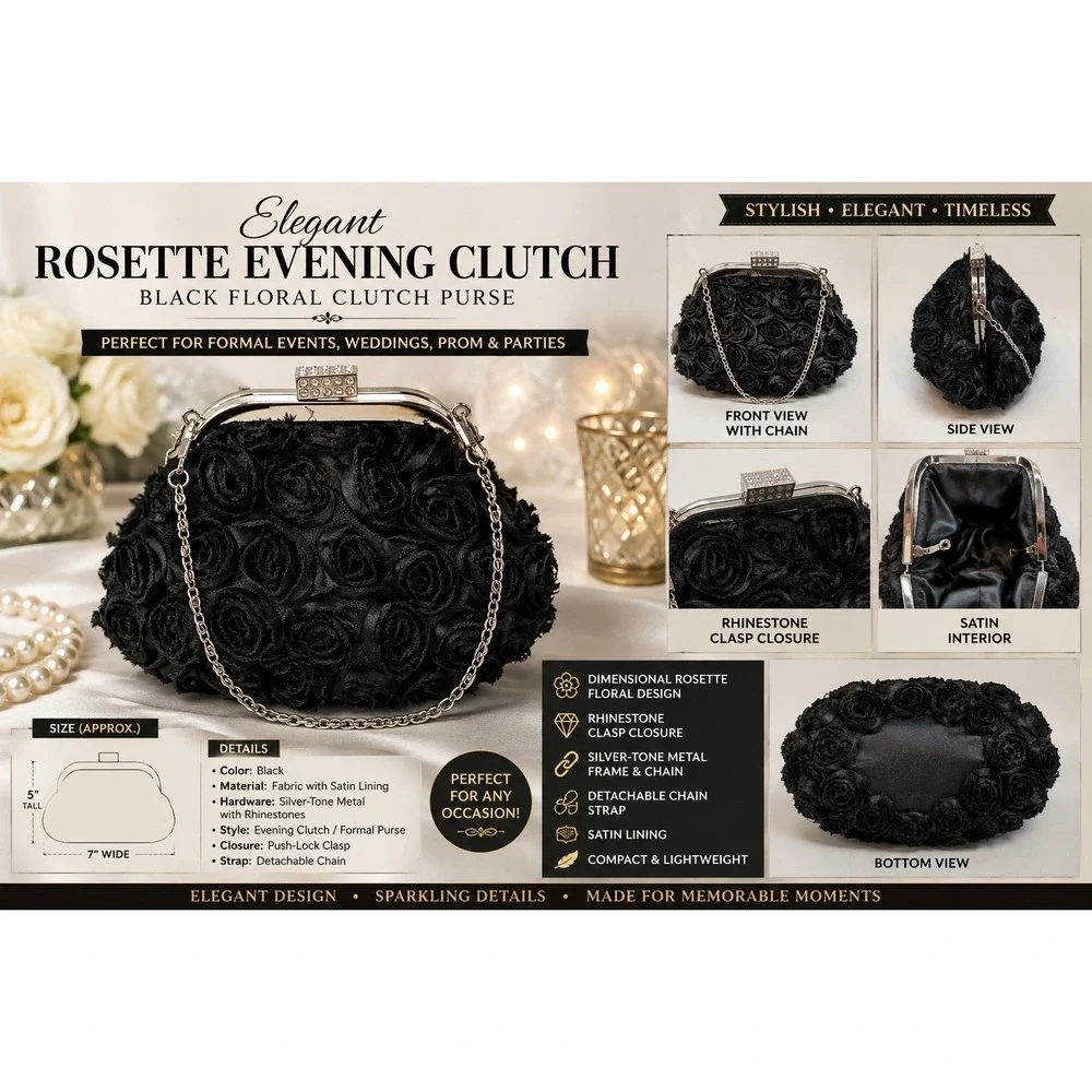 Black Rosette Evening Clutch Purse Floral Rhinestone Wedding Prom Formal Bag